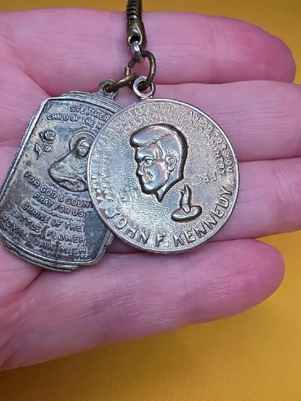 Vintage JFK Memorial & St Therese Shrine Medal Snake Chain Keychain 1960s